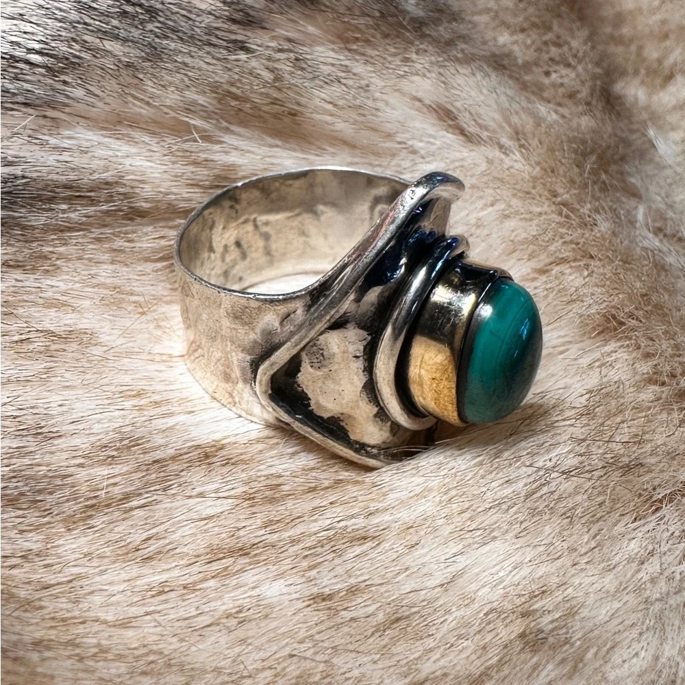 Hammered Sterling Silver & Bronze Bezel Malachite Statement Ring